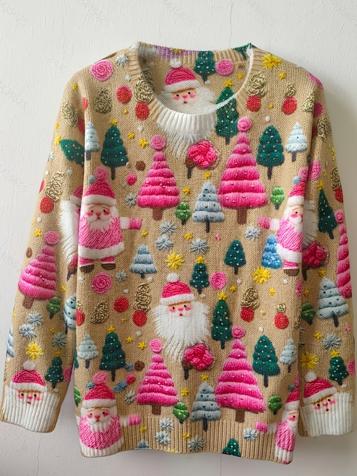 Cozy Christmas Tacky Sweater for Women with Crew Neck Long Sleeve Santa Print Oversized Knit Style