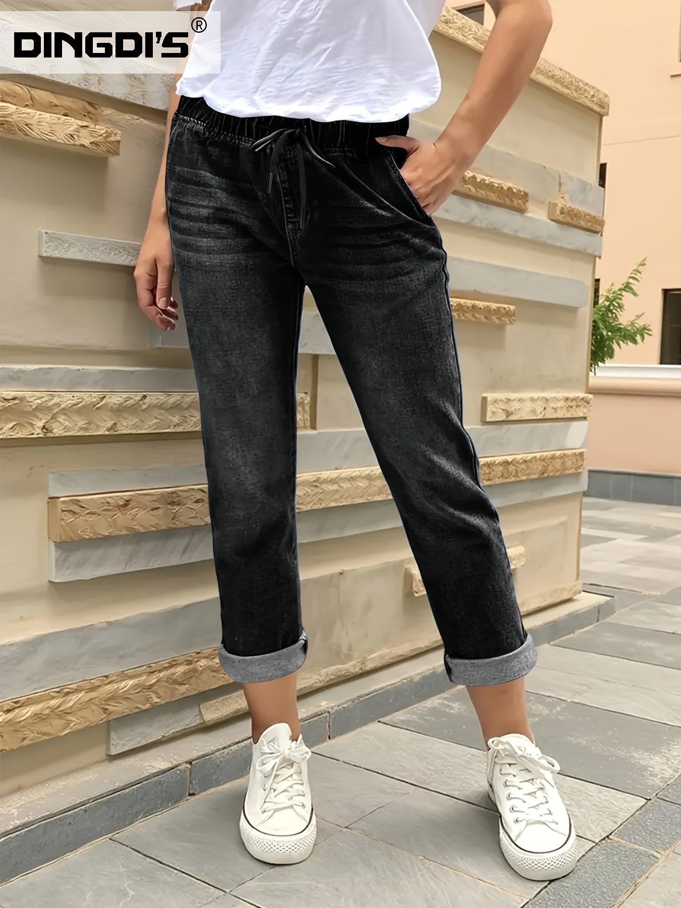 Effortless Black Denim Mom Jeans for Women with High Waist Drawstring Cuffed Tapered Style
