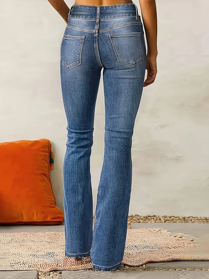 Effortless Medium Blue Flare Jeans for Women with High Waist Button Front Bootcut Relaxed Style