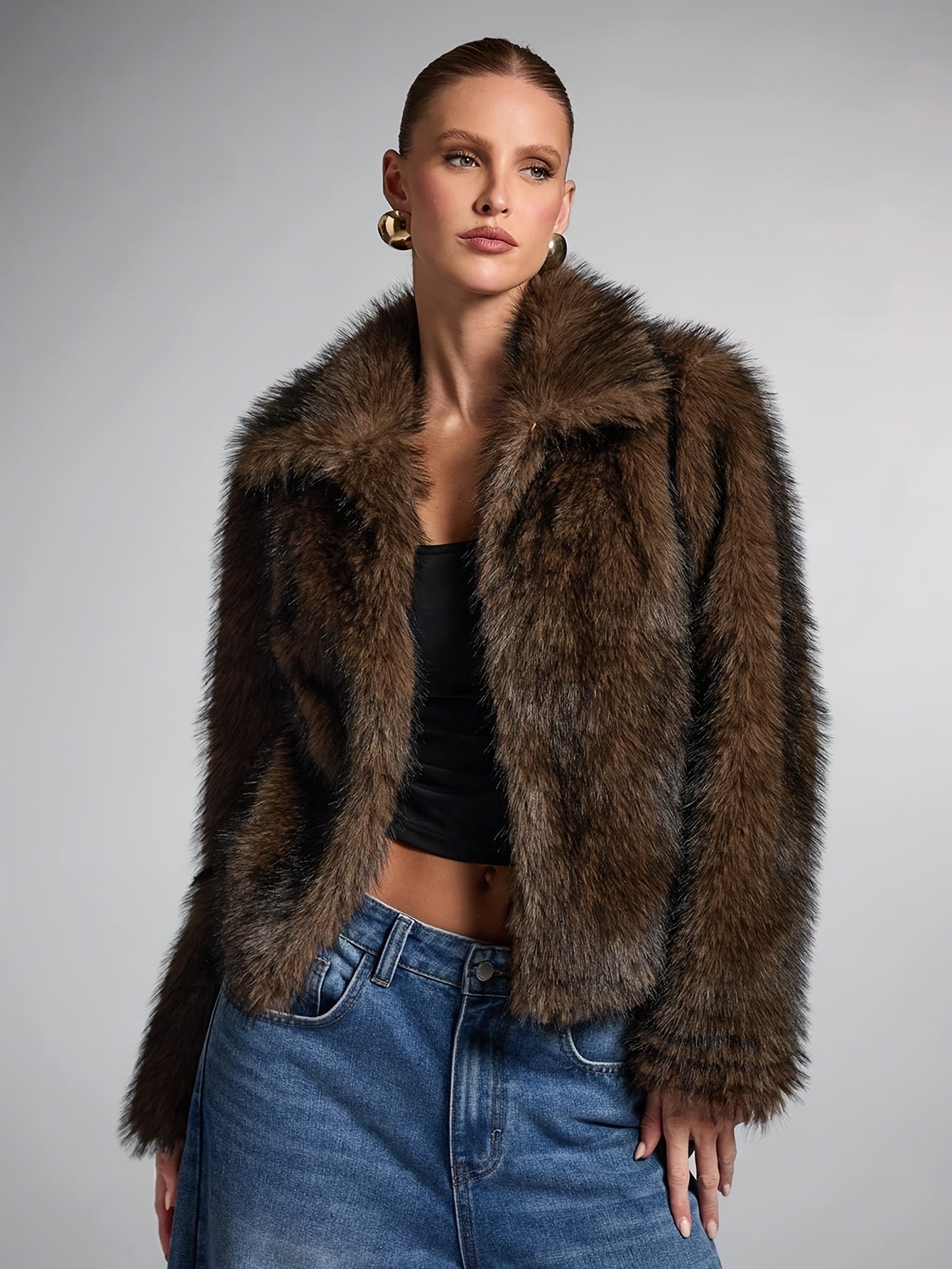 Elegant Bronze Fur Coat for Women with Notch Collar Long Sleeve Cropped Open Front Style