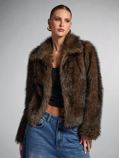 Elegant Bronze Fur Coat for Women with Notch Collar Long Sleeve Cropped Open Front Style