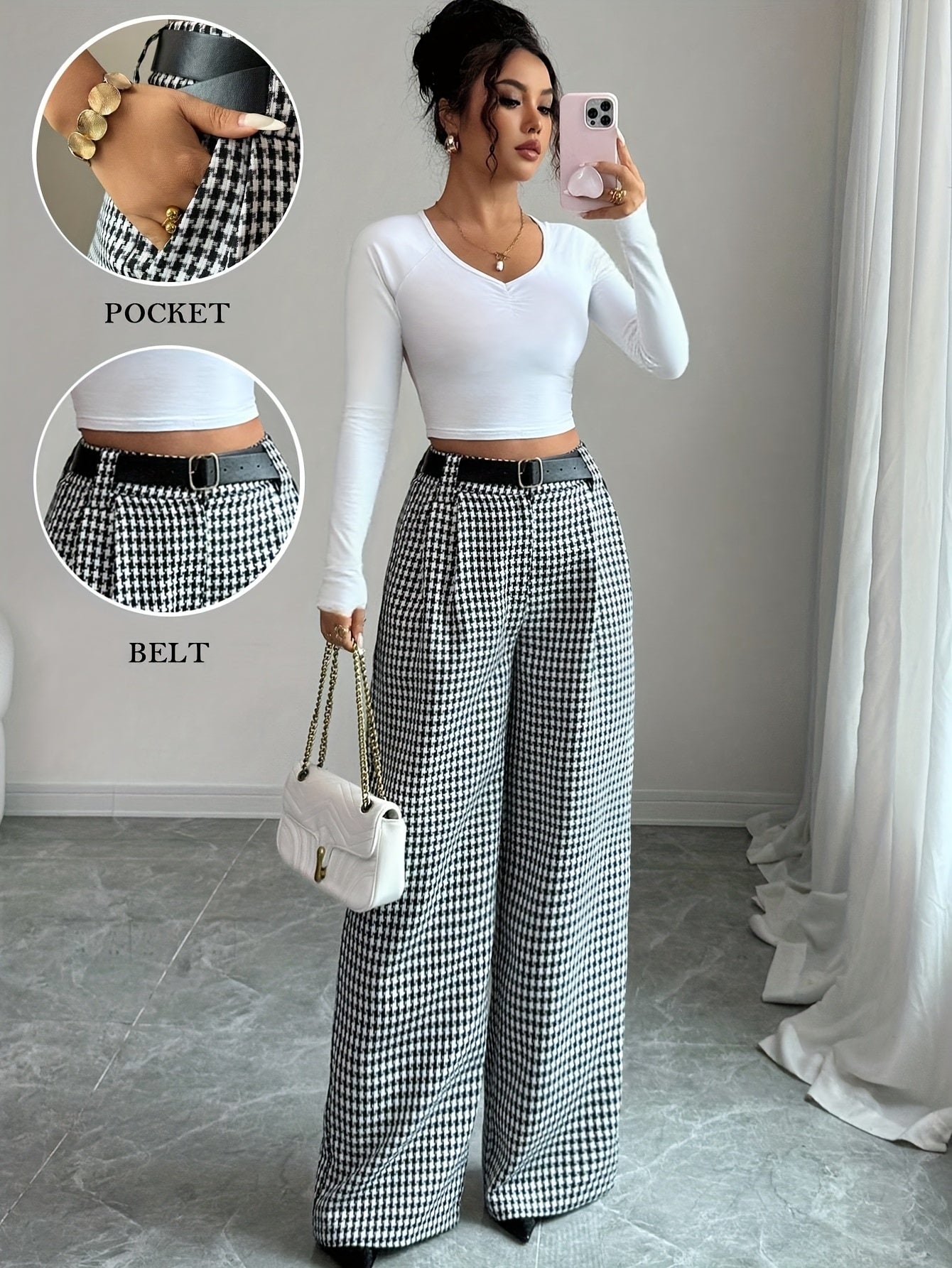 Elegant Black And White Houndstooth Chino Pants for Women with High Waist Belted Wide Leg Casual Style