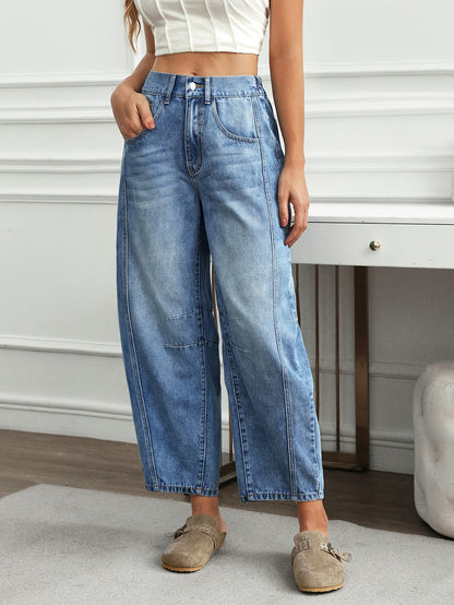 Effortless Light Blue Relaxed Barrel Jeans for Women with High Waist Curved Leg Faded Wash