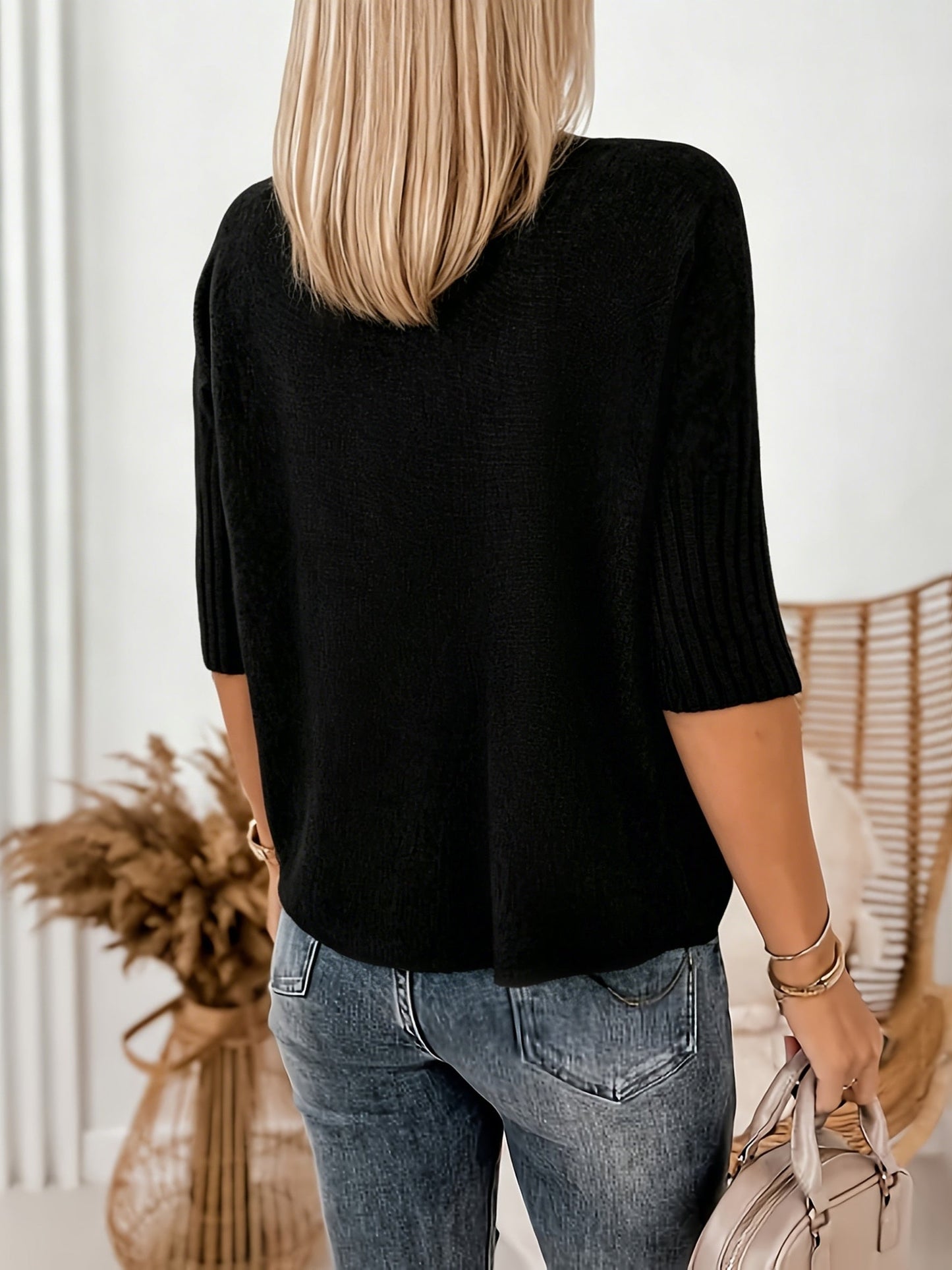 Comfortable Ribbed Knit Sweater for Women with Turtleneck Elbow Sleeve Relaxed Oversized Style