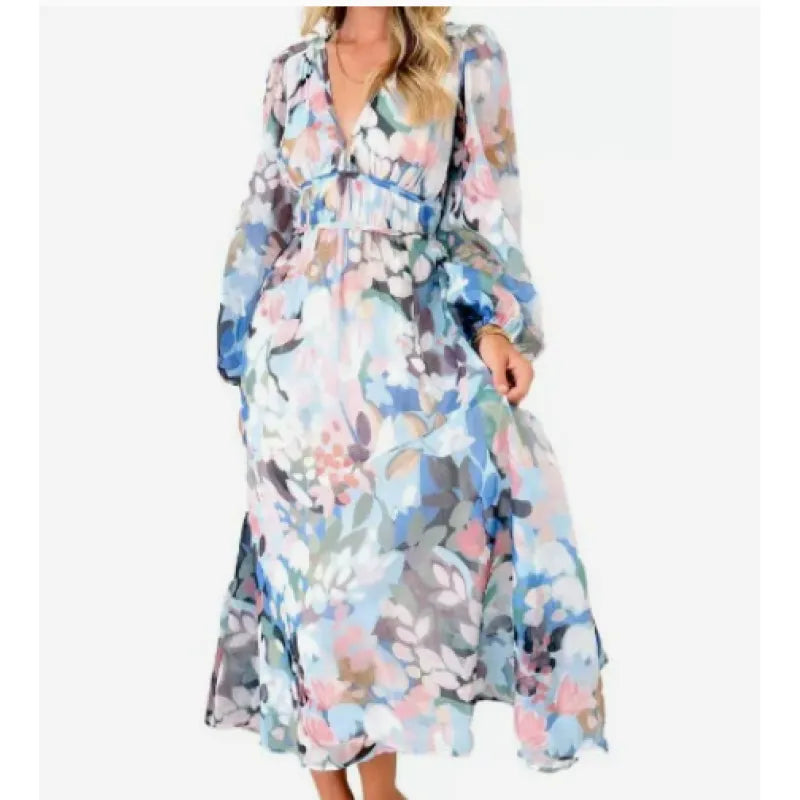 Effortless Floral Midi Dress for Women with V Neck Balloon Sleeve Smocked Waist Flowing Bohemian Style