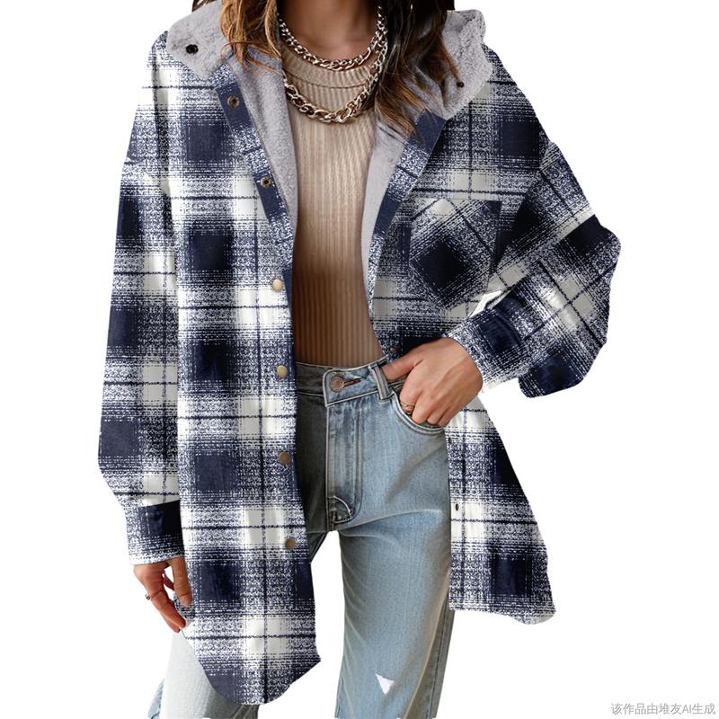 Cozy Plaid Shacket for Women with Hooded Collar Long Sleeve Sherpa Lined Flannel Oversized Style