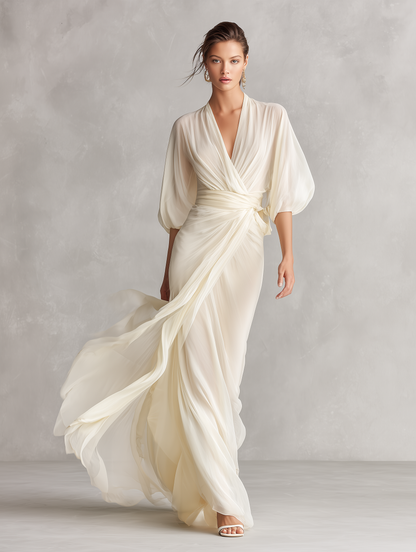 Elegant Ivory Chiffon Maxi Dress for Women with Wrap V Neck Puff Sleeve Draped Formal Wedding Guest Style