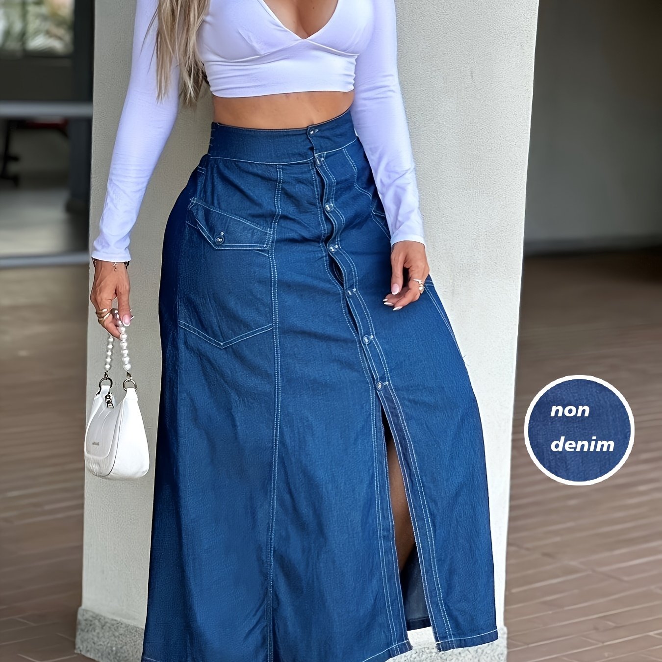 Effortless Blue Denim Look Long Skirt for Women with High Waist Button Front Slit Style