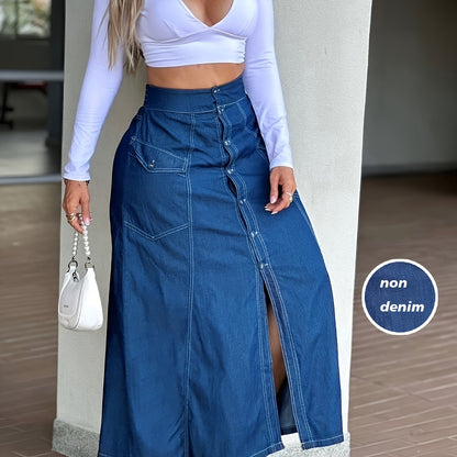 Effortless Blue Denim Look Long Skirt for Women with High Waist Button Front Slit Style