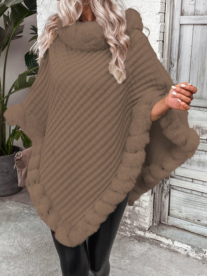 Comfortable Faux Fur Trim Poncho for Women with Turtleneck Batwing Sleeve Asymmetric Oversized Knit Style
