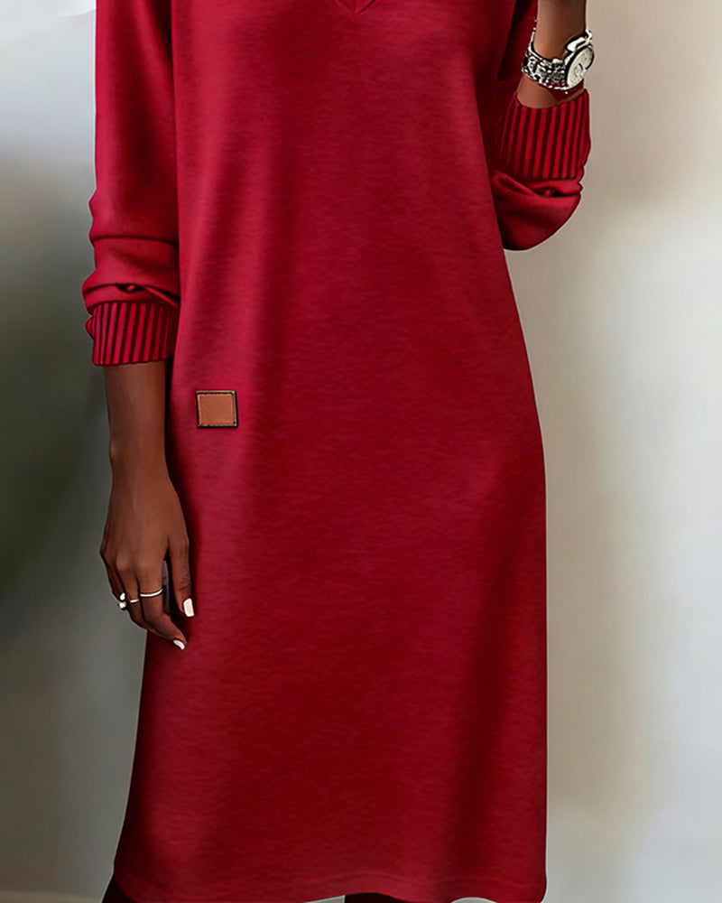 Comfortable Knit Sweater Dress for Women with V Neck Long Sleeve Striped Cuff Relaxed Style