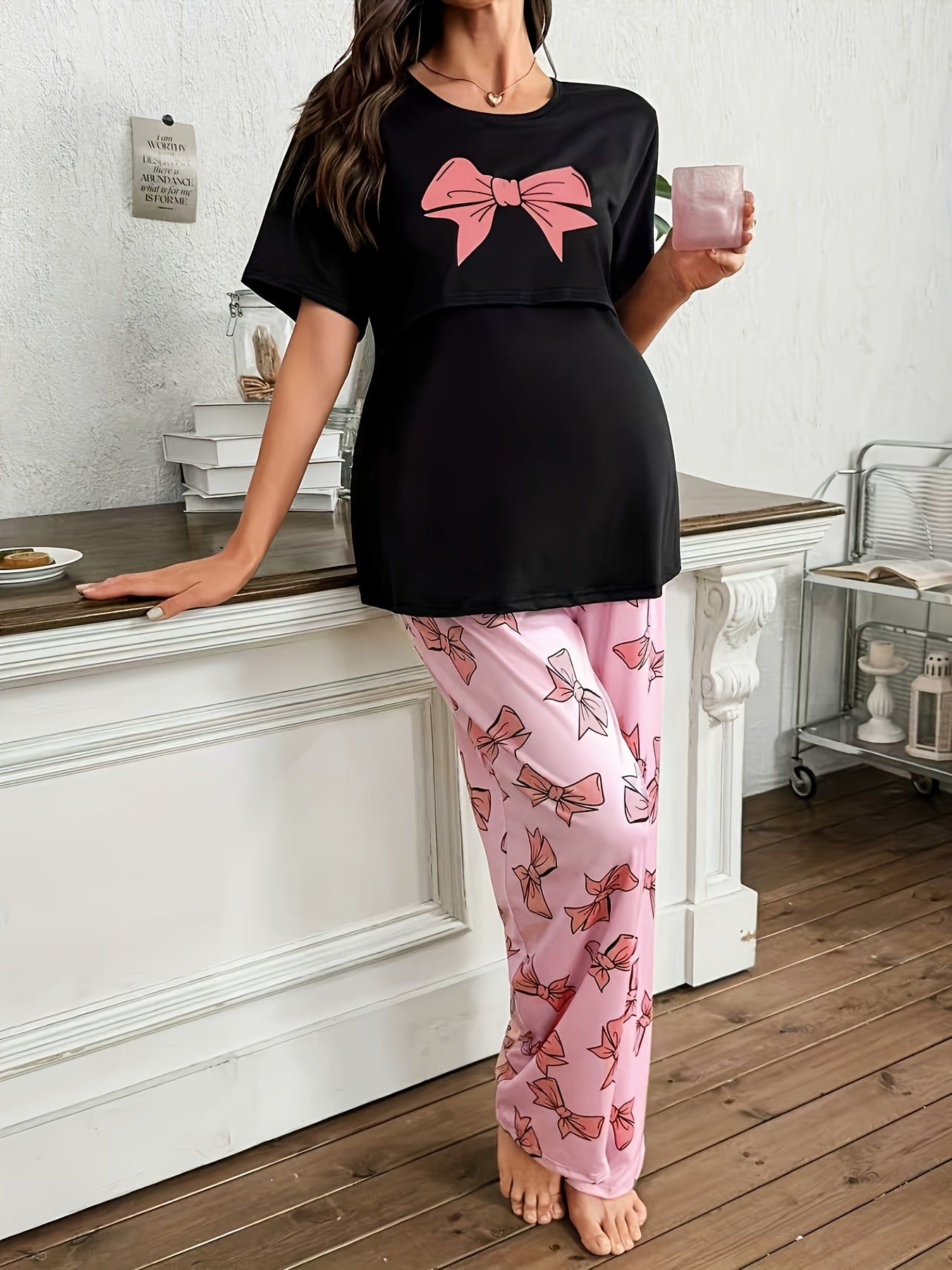 Comfortable Bow Print Maternity Pajama Set for Women with Round Neck Short Sleeve Wide Leg Two Piece Style