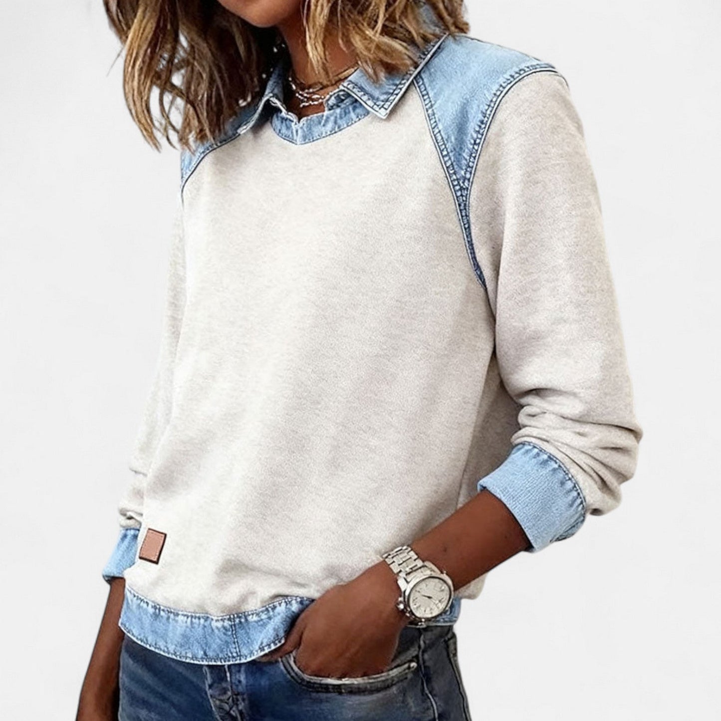 Effortless Denim Patchwork Sweatshirt for Women with Collared Raglan Long Sleeve Relaxed Casual Style