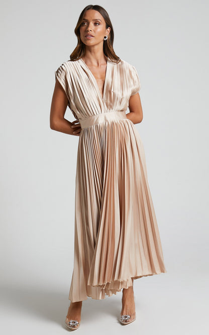 Elegant Pleated Midi Dress for Women with Deep V Neck Formal Wedding Guest Style
