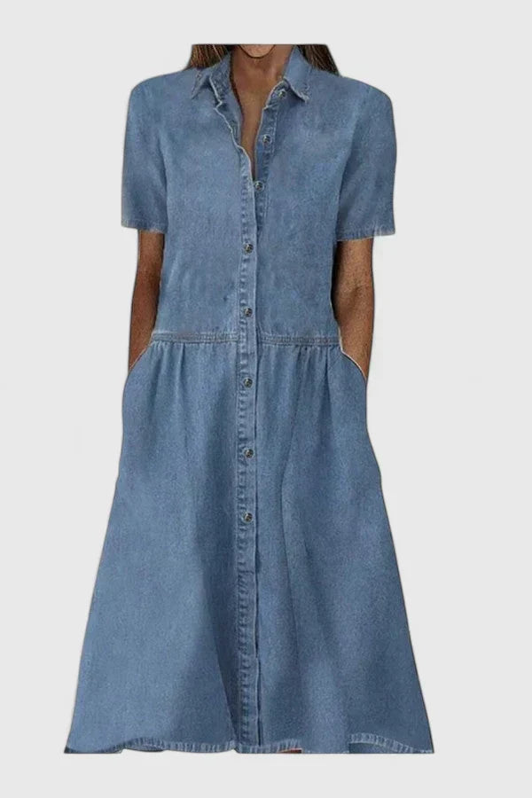 Effortless Blue Denim Dress for Women with Collar Short Sleeve Button Front Midi Style