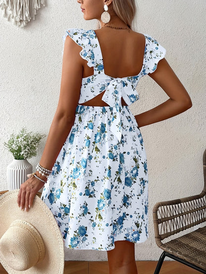 Effortless Floral Maternity Mini Dress for Women with Square Neck Ruffle Sleeve Tie Back Cutout Style