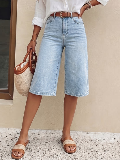 Effortless Light Blue Denim Culotte Jean Shorts for Women with High Waist Wide Leg Cropped Style