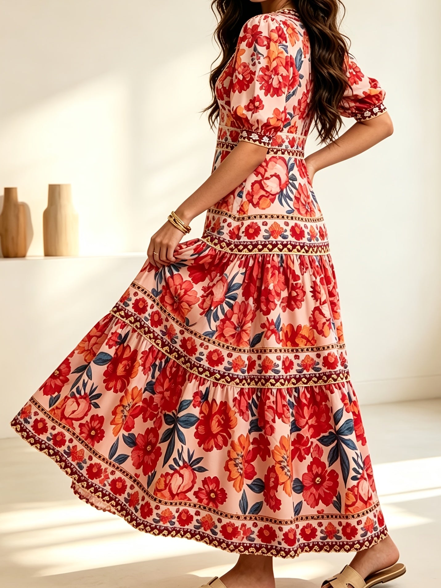 Effortless Floral Print Boho Dress for Women with V Neck Puff Sleeve Tiered Maxi Flowing Style
