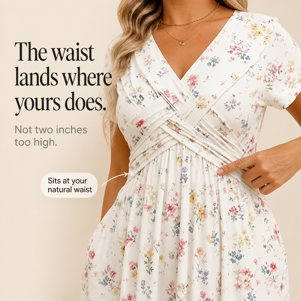 Effortless Floral Midi Dress for Women with V Neck Short Sleeve Crisscross Waist Fall Wedding Guest Style