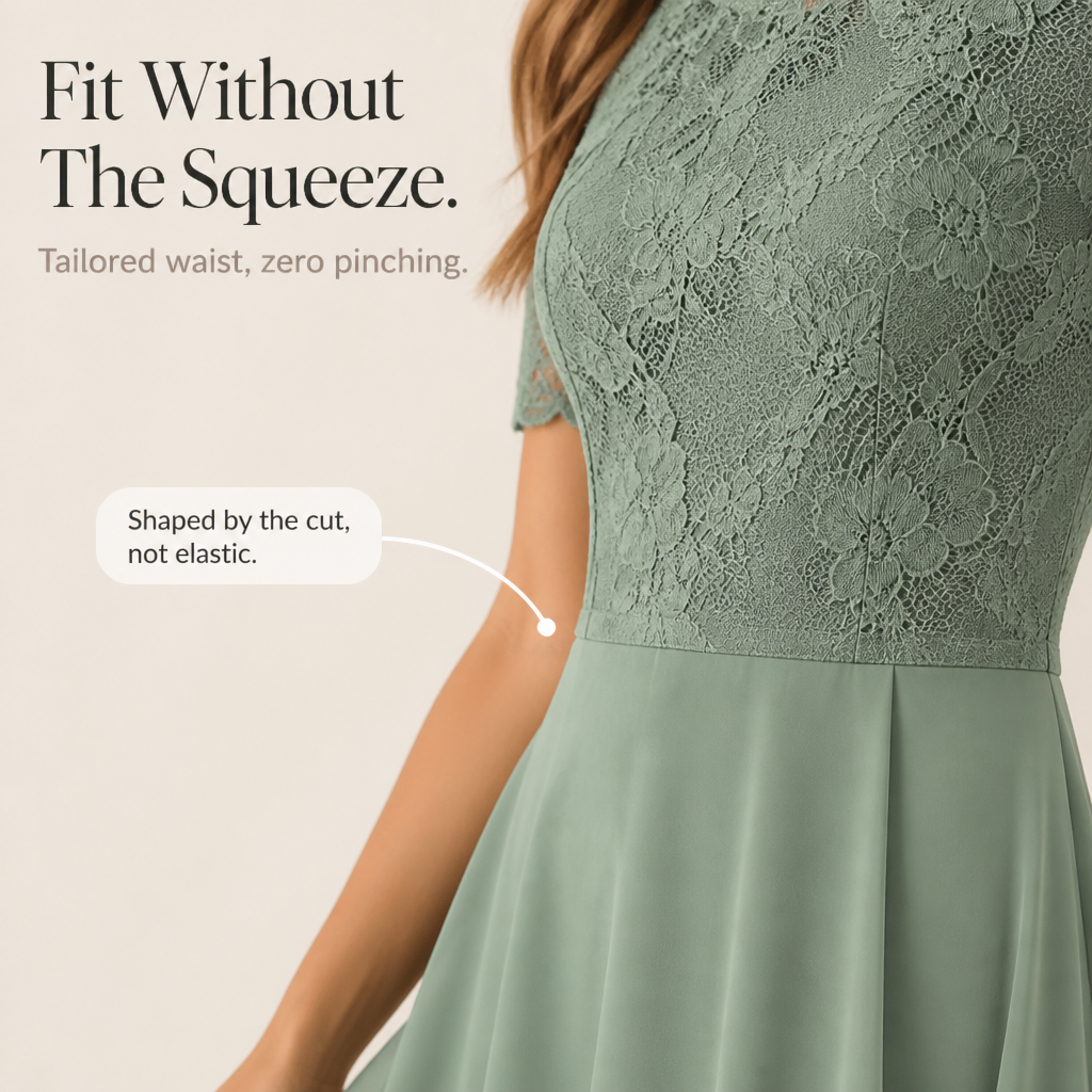 Elegant Lace Midi Dress for Women with Round Neck Short Sleeve Ruffle Hem Fall Wedding Guest Style
