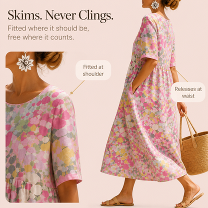 Effortless Confetti Print Midi Dress for Women with Round Neck Short Sleeve A Line Flowing Casual Style