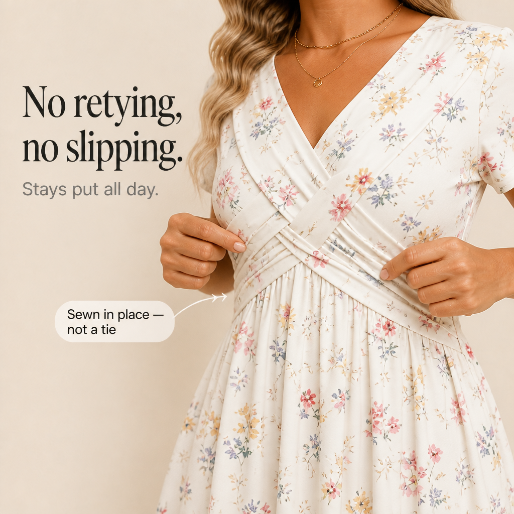 Effortless Floral Midi Dress for Women with V Neck Short Sleeve Crisscross Waist Fall Wedding Guest Style