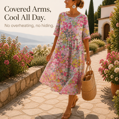 Effortless Confetti Print Midi Dress for Women with Round Neck Short Sleeve A Line Flowing Casual Style