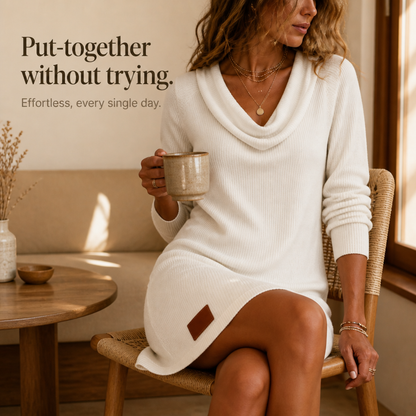 Comfortable Ribbed Knit Sweater Dress for Women with Cowl Neck Long Sleeve Relaxed Fall Style