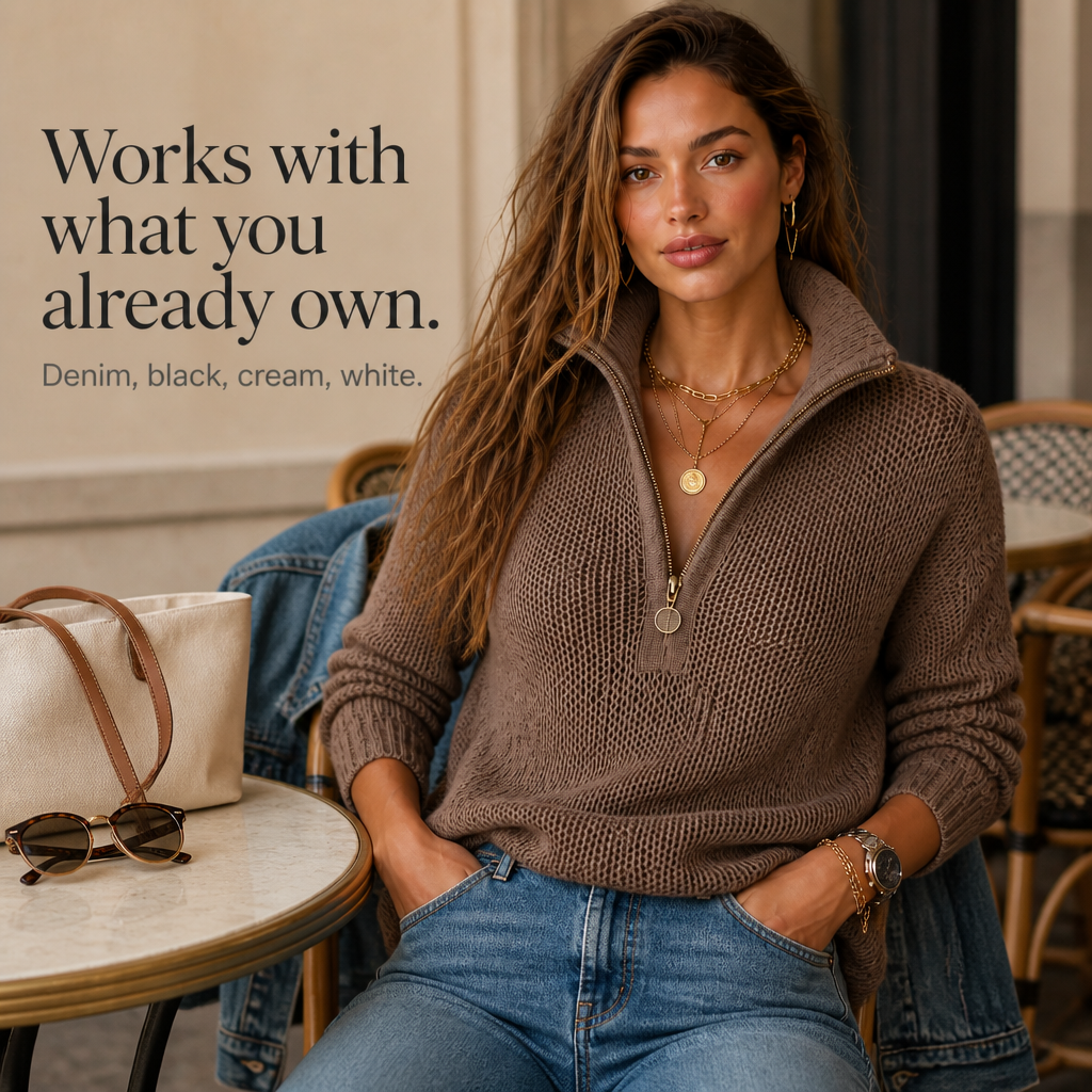 Comfortable Knit Sweater for Women with Zip Collar Long Sleeve Relaxed Oversized Fall Style