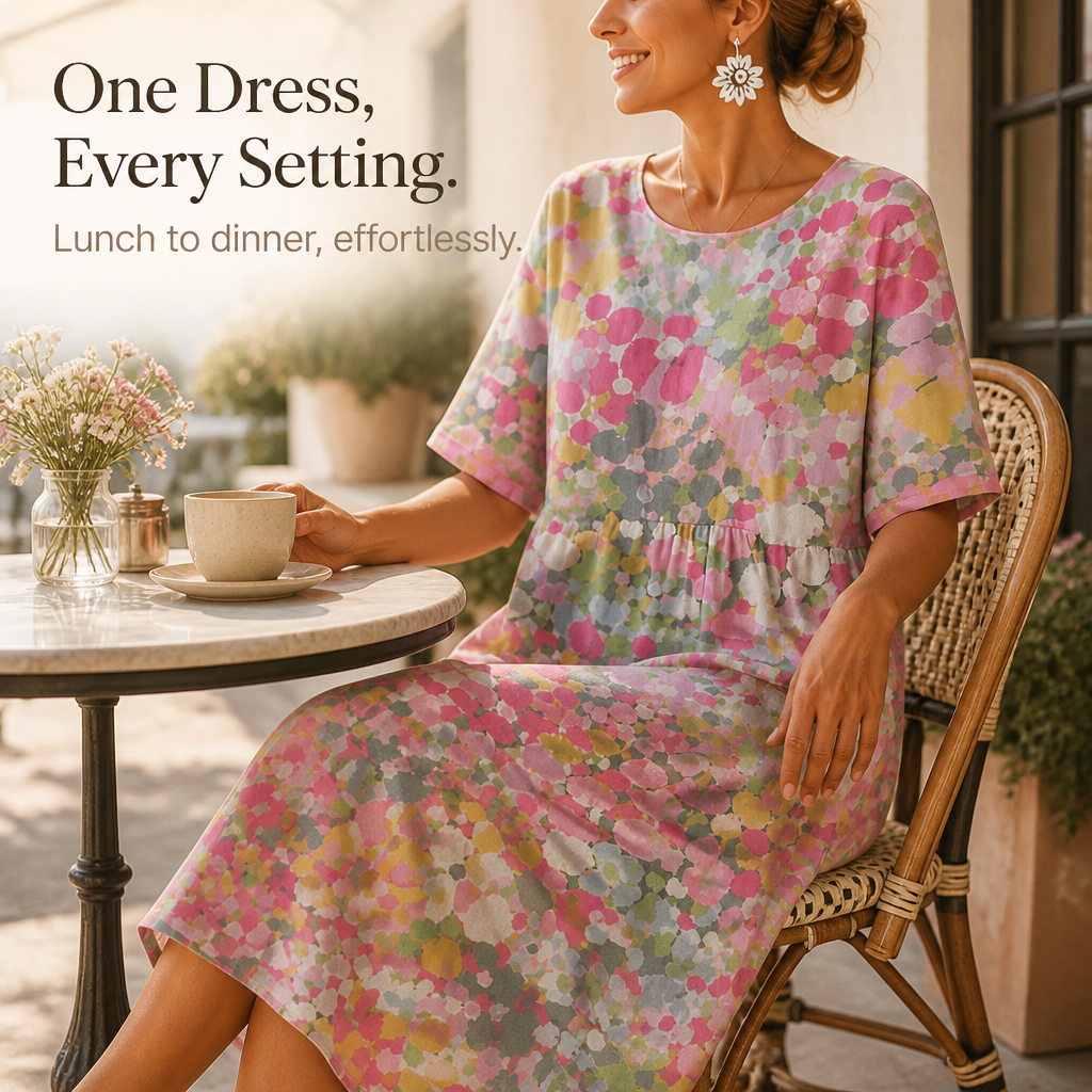 Effortless Confetti Print Midi Dress for Women with Round Neck Short Sleeve A Line Flowing Casual Style
