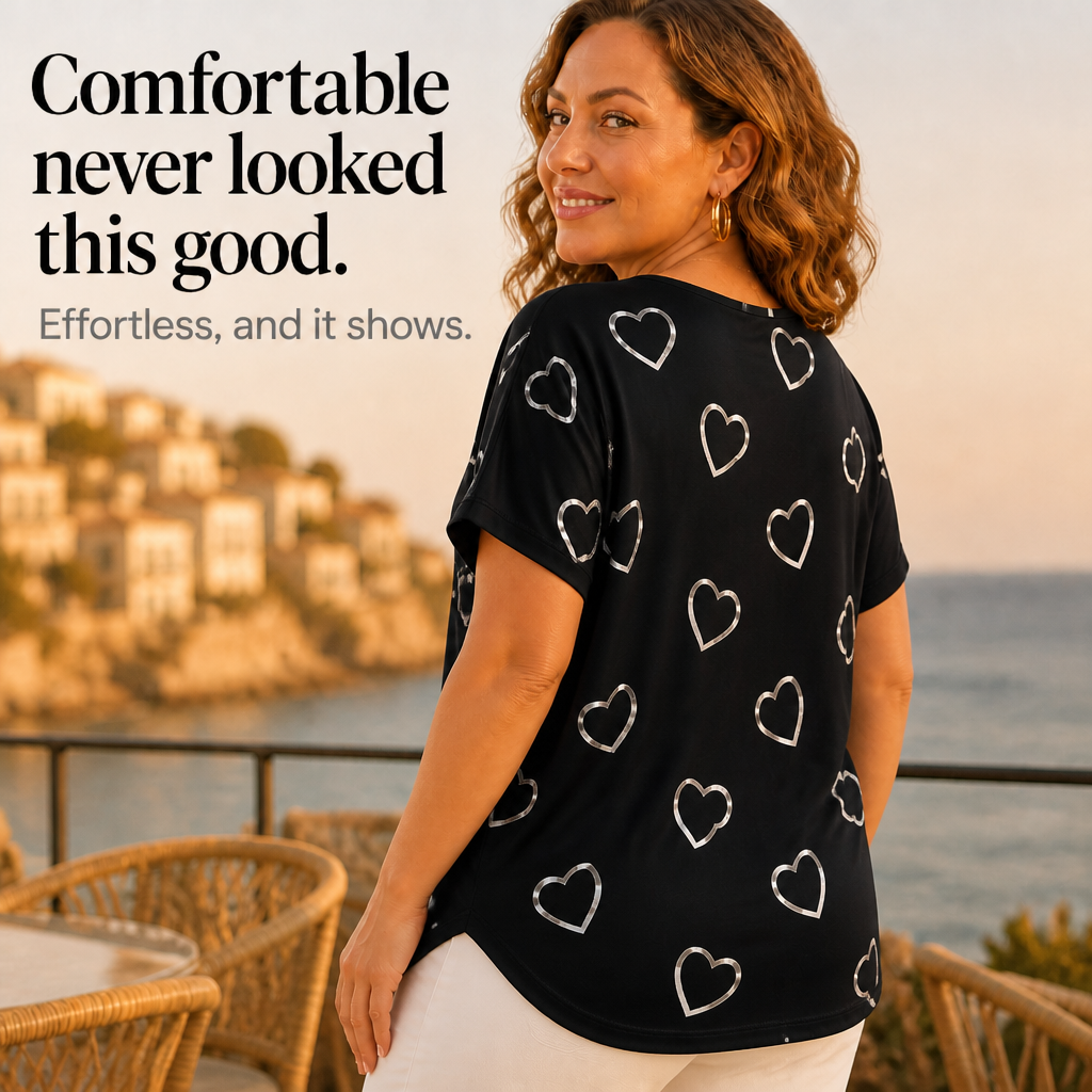 Effortless Heart Print Tunic Top for Women with V Neck Short Sleeve Cutout Shoulder Casual Style