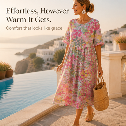 Effortless Confetti Print Midi Dress for Women with Round Neck Short Sleeve A Line Flowing Casual Style
