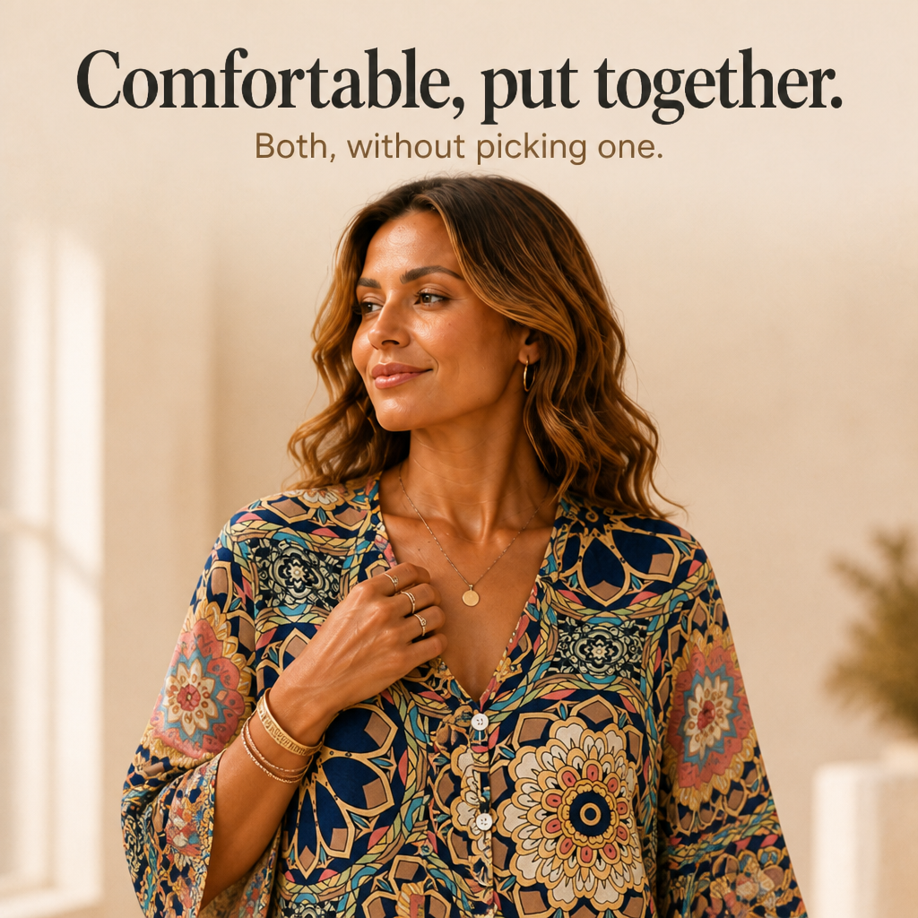 Effortless Mandala Print Poncho Blouse for Women with V Neck Batwing Sleeve Button Front Flowing Style