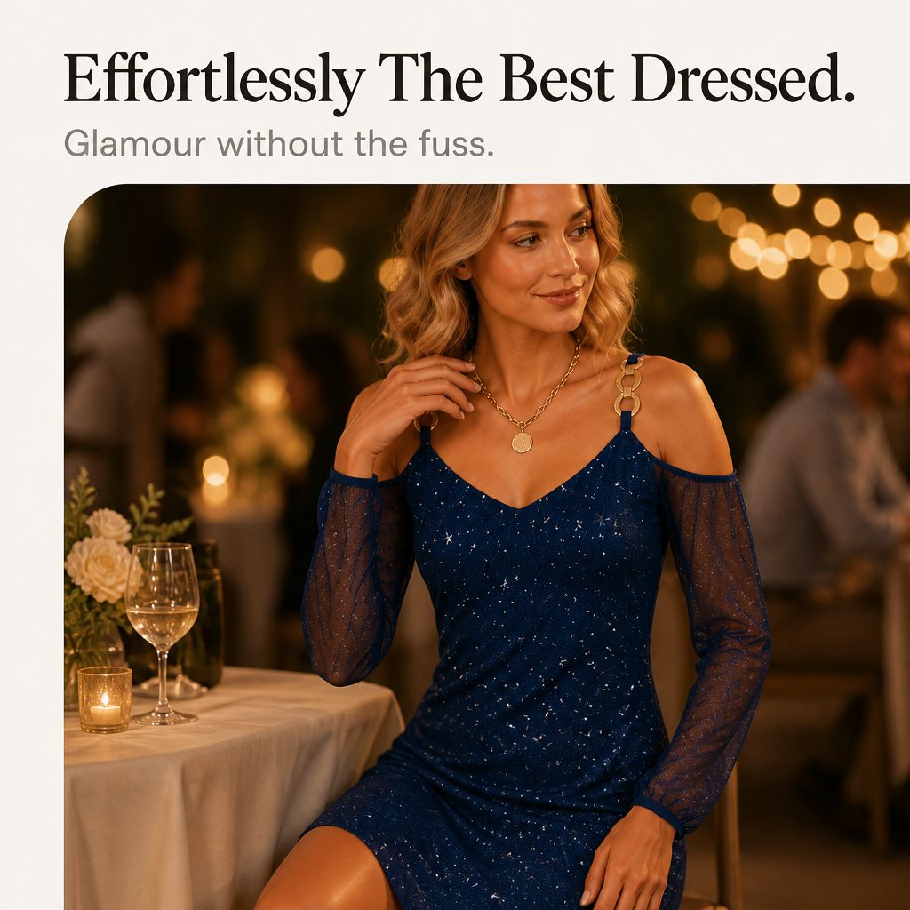 Elegant Star Print Mini Dress for Women with Cold Shoulder V Neck Long Sleeve Sparkle Party Style