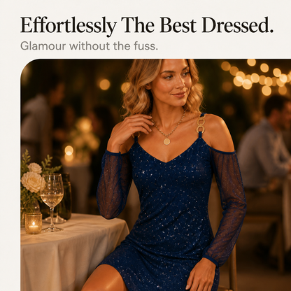 Elegant Star Print Mini Dress for Women with Cold Shoulder V Neck Long Sleeve Sparkle Party Style