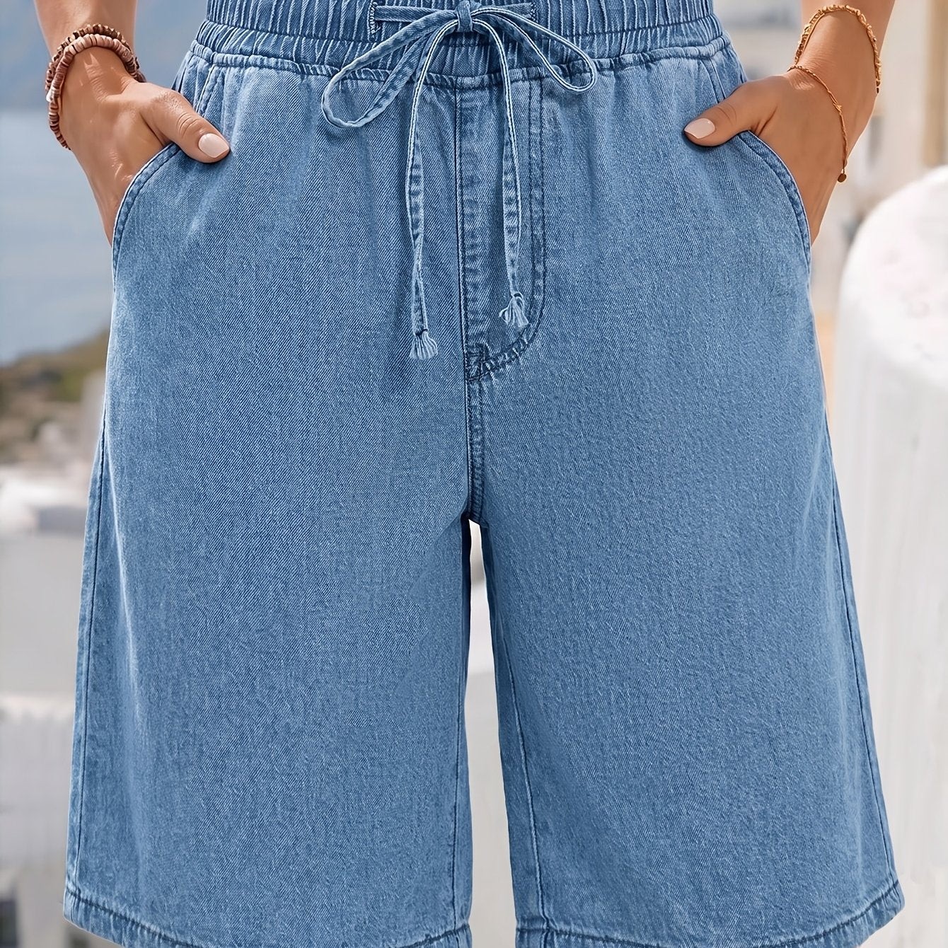 Effortless Light Blue Denim Bermuda Jean Shorts for Women with Elastic Drawstring Waist Wide Leg