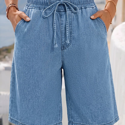 Effortless Light Blue Denim Bermuda Jean Shorts for Women with Elastic Drawstring Waist Wide Leg