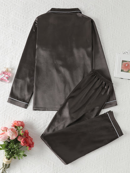 Comfortable Satin Pajamas for Women with Collar Button Front Piping Trim