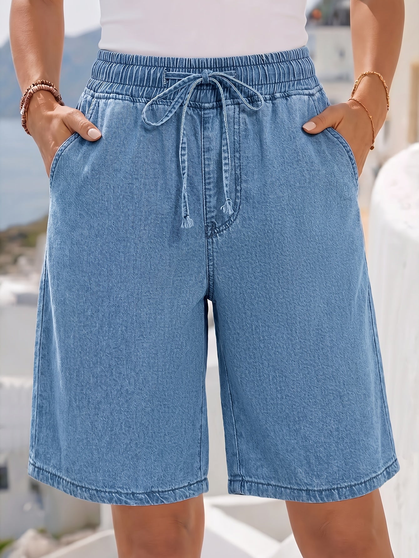 Effortless Light Blue Denim Bermuda Jean Shorts for Women with Elastic Drawstring Waist Wide Leg