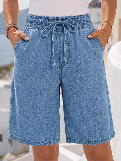 Effortless Light Blue Denim Bermuda Jean Shorts for Women with Elastic Drawstring Waist Wide Leg