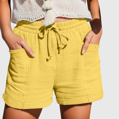 Effortless Khaki Cotton Gauze Shorts for Women with High Waist Drawstring Cuffed Relaxed Casual Style