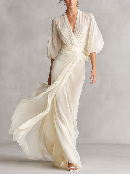 Elegant Ivory Chiffon Maxi Dress for Women with Wrap V Neck Puff Sleeve Draped Formal Wedding Guest Style