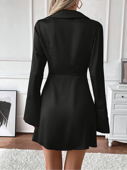 Elegant Black Cocktail Dress for Women with Collar V Neck Long Sleeve Wrap Ruffle Style