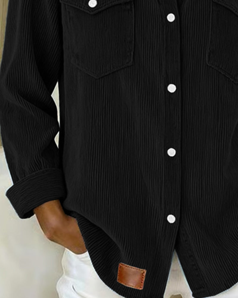 Effortless Corduroy Collar Shirt for Women with Long Sleeve Button Front Chest Pocket Relaxed Style