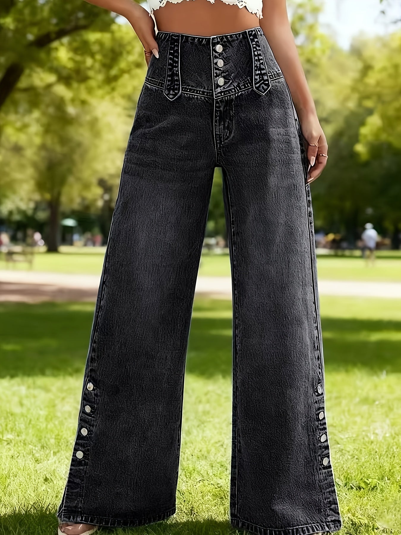 Effortless Black High Waisted Jeans for Women with Button Front Wide Leg Split Hem Style