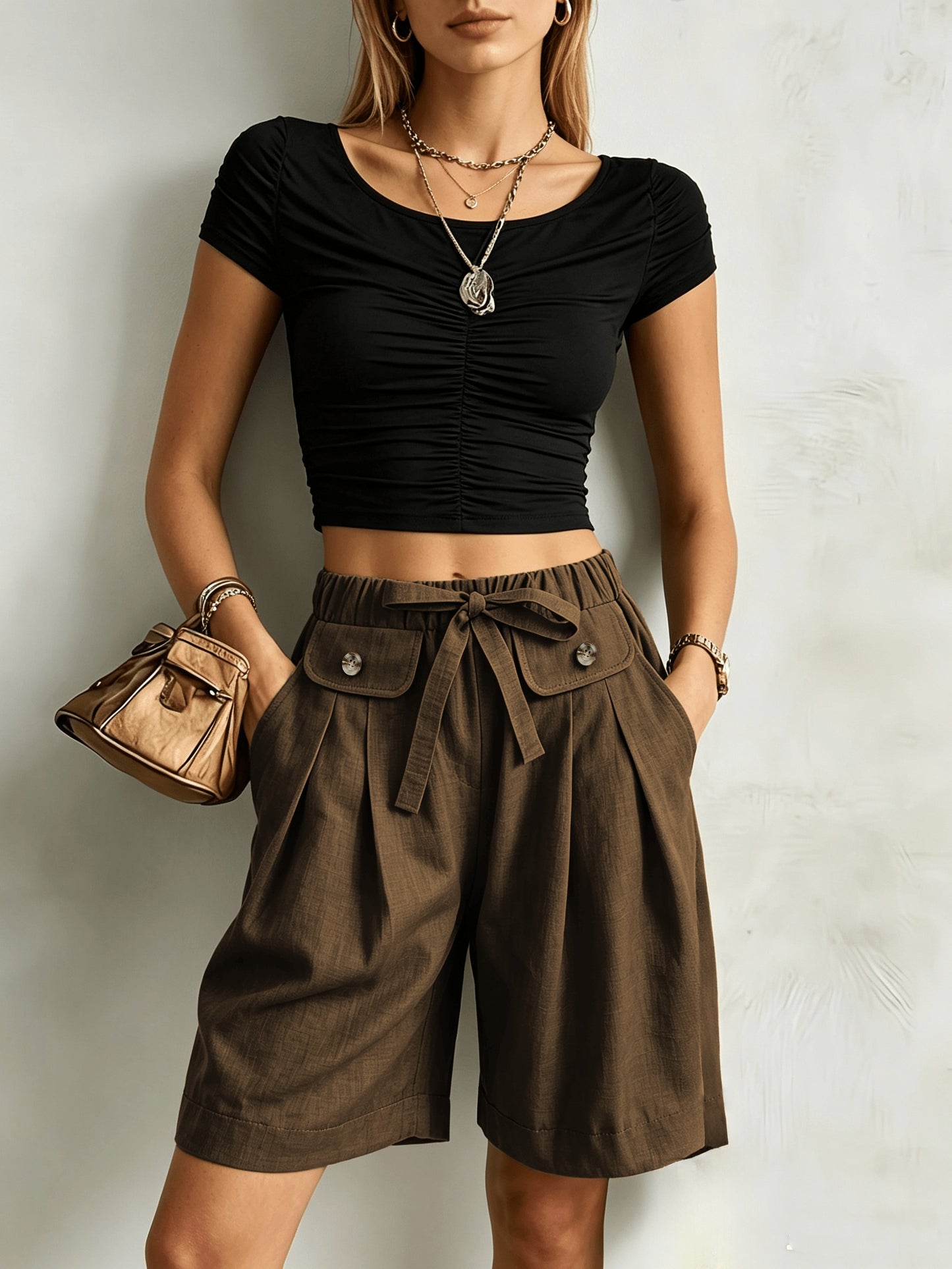 Effortless Wide Leg Bermuda Shorts for Women with High Waist Tie Belt Button Pocket Relaxed Casual Style