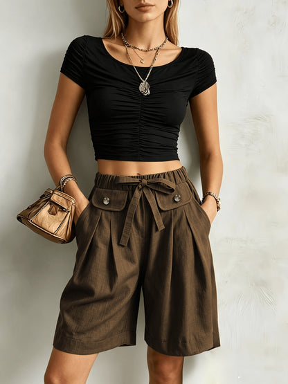 Effortless Wide Leg Bermuda Shorts for Women with High Waist Tie Belt Button Pocket Relaxed Casual Style