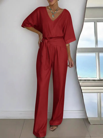 Effortless Linen Jumpsuit for Women with V Neck Half Sleeve Wide Leg Tie Waist Relaxed Style