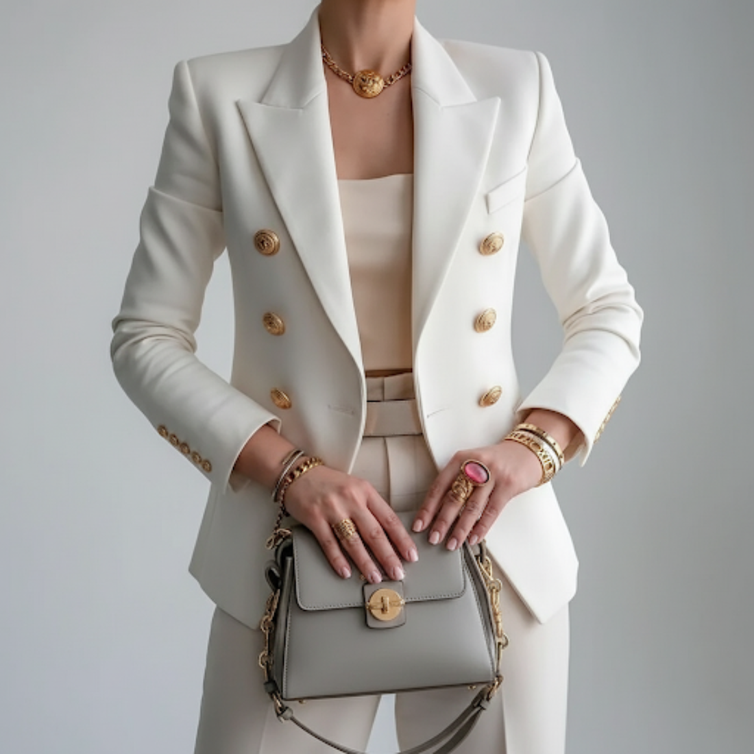 Elegant Double Breasted Blazer for Women with Long Sleeve Notch Lapel Gold Button