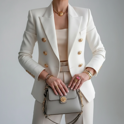 Elegant Double Breasted Blazer for Women with Long Sleeve Notch Lapel Gold Button